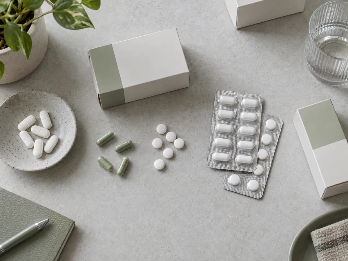 Different forms of antibiotic medicines arranged by a pharmacist