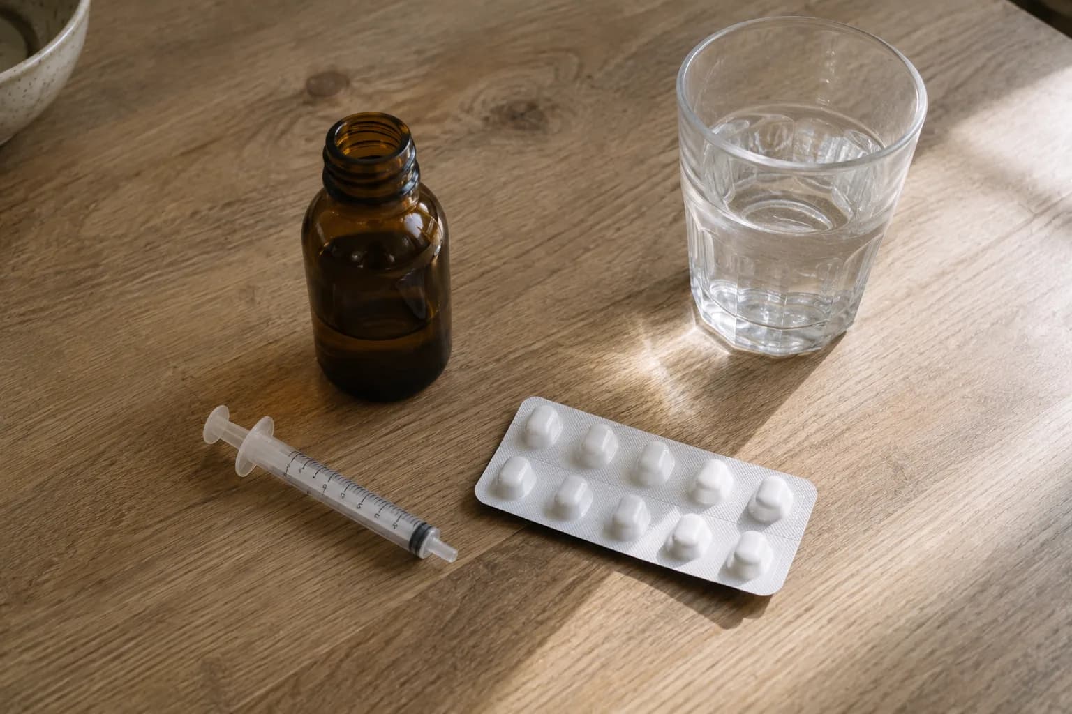 Pregabalin capsules beside a glass of water and medicine information