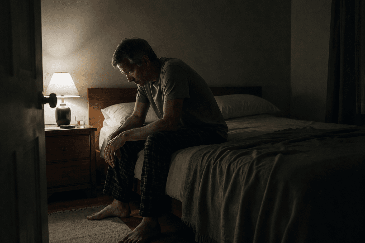 A person experiencing restless legs symptoms in a dark bedroom at night