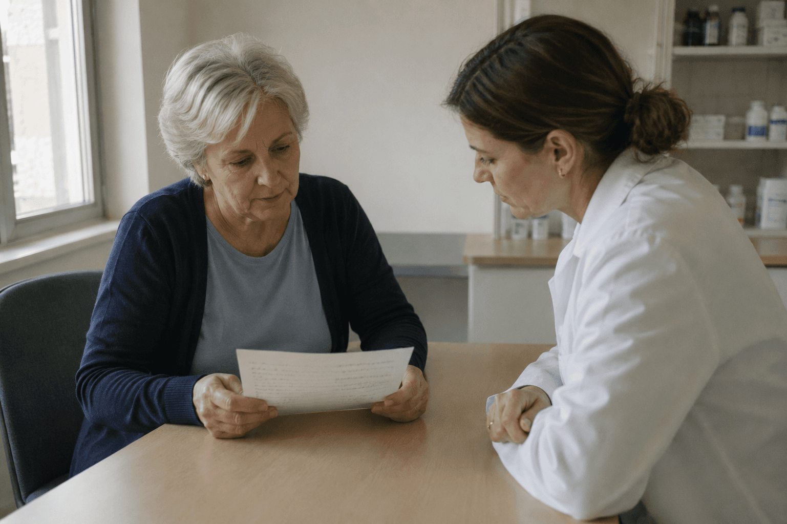 A healthcare professional discussing medicine information with a patient