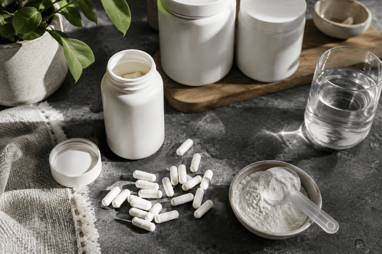 Magnesium supplement beside a glass of water
