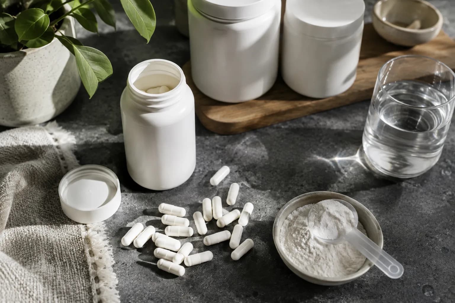 Magnesium supplement beside a glass of water