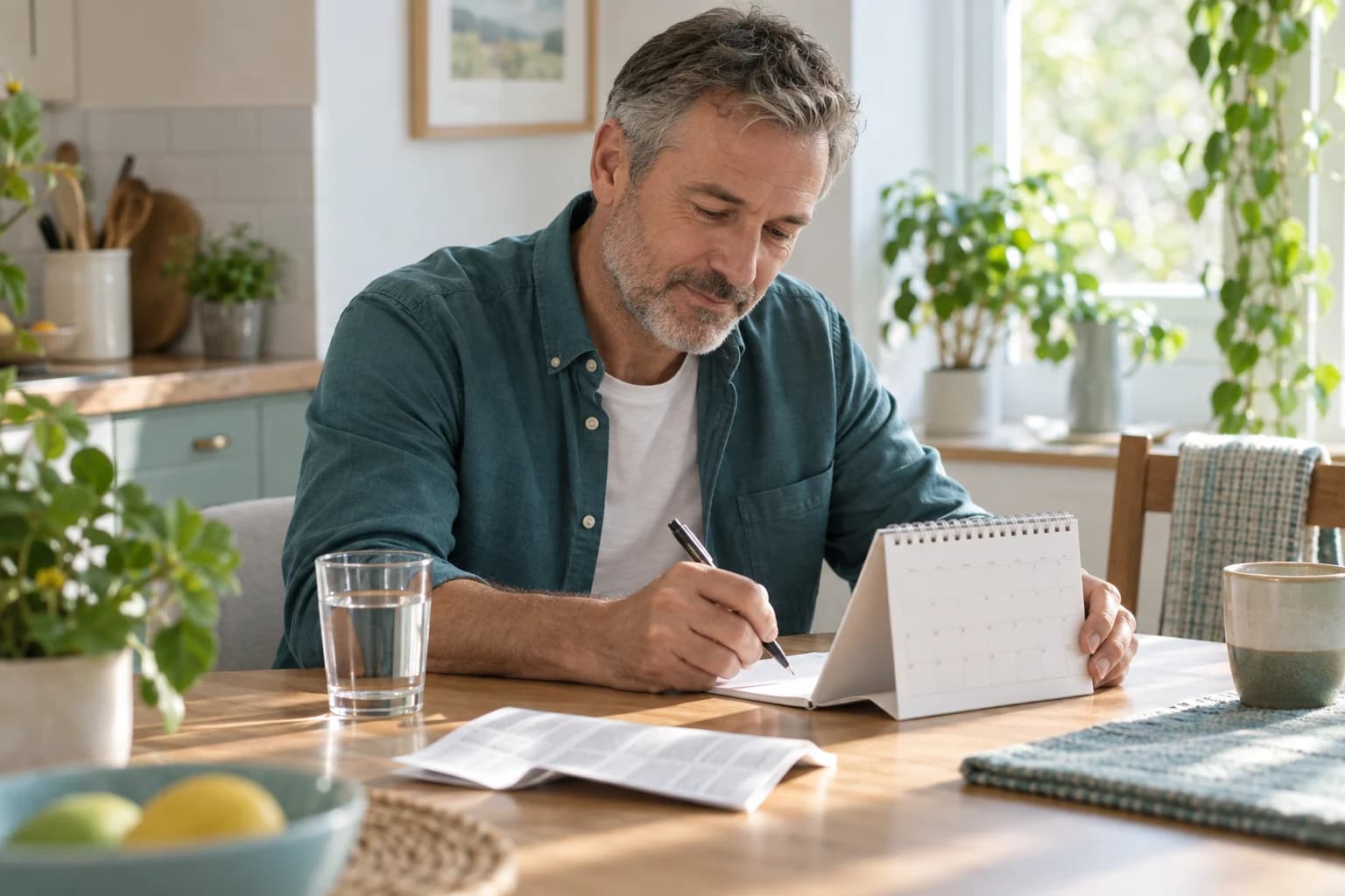 Illustrative scene of an adult man using a paper calendar to plan a daily routine at his kitchen table