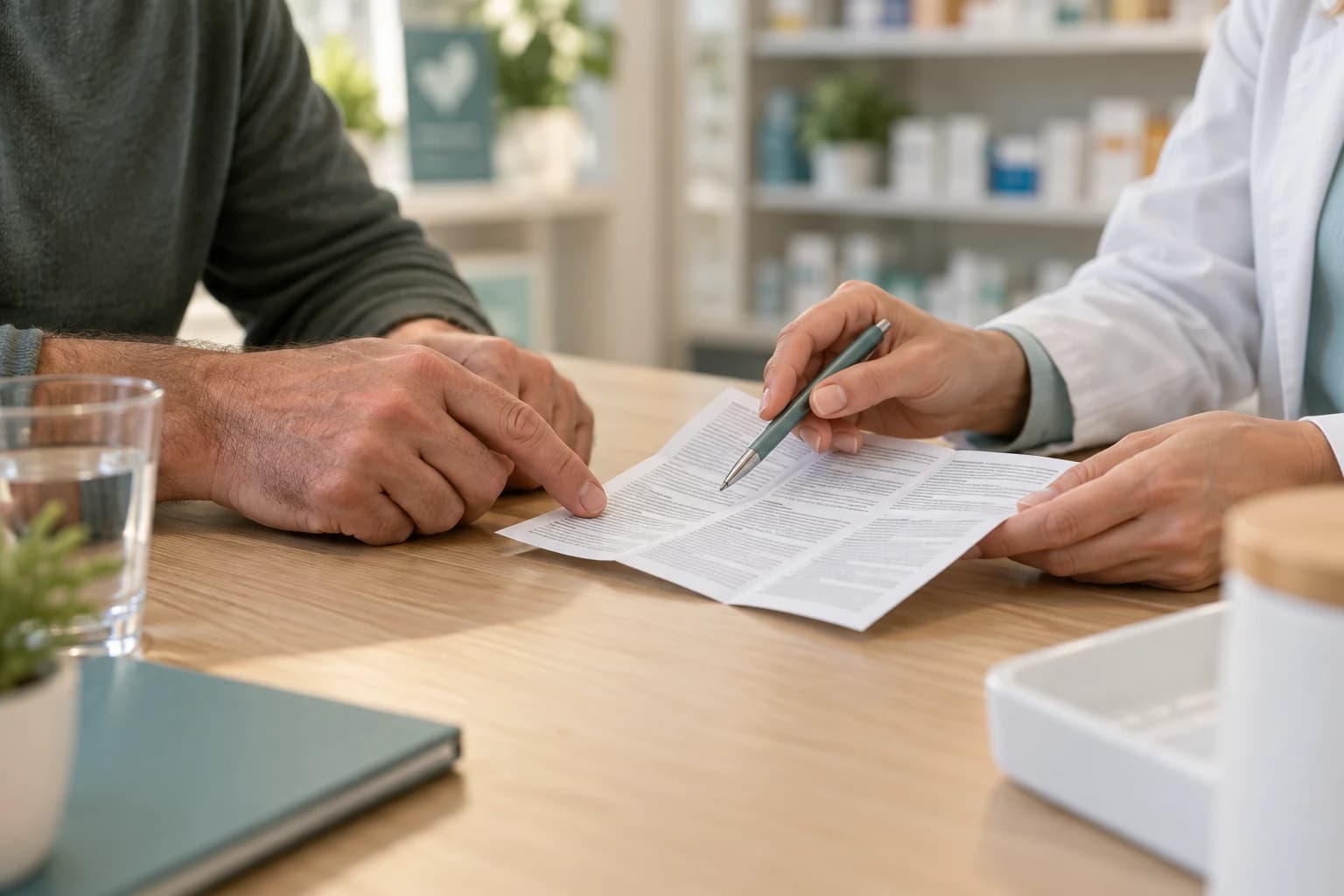 Illustrative close-up of an adult and a pharmacist reviewing a medicine information leaflet together