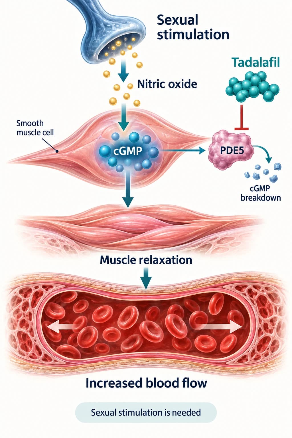 Tadalafil mechanism diagram: sexual stimulation releases nitric oxide, increasing cGMP and relaxing smooth muscle to increase blood flow. Tadalafil inhibits PDE5, reducing cGMP breakdown; sexual stimulation is still needed.