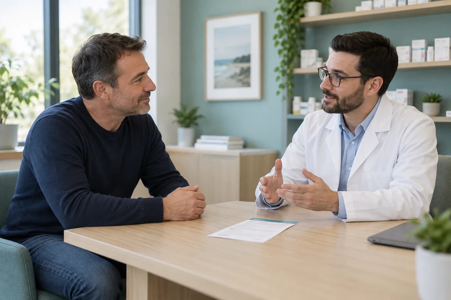 Illustrative pharmacy consultation: an adult man discusses a medicine information leaflet with a pharmacist in a private room