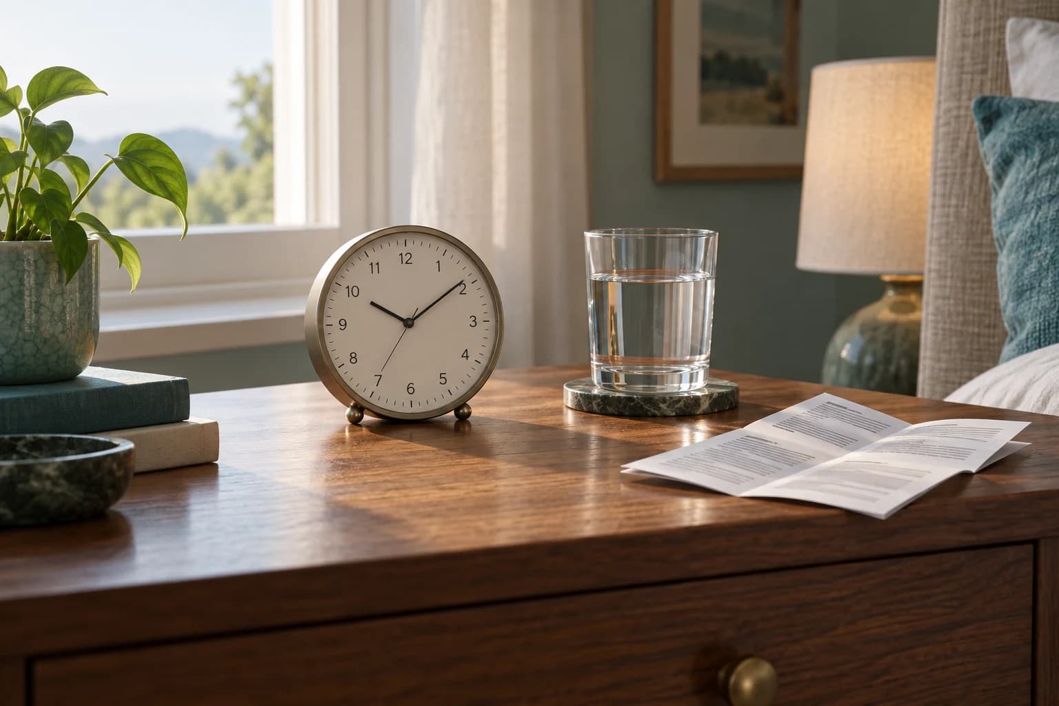 Illustrative still life of an analogue clock, a glass of water and a medicine information leaflet beside a window