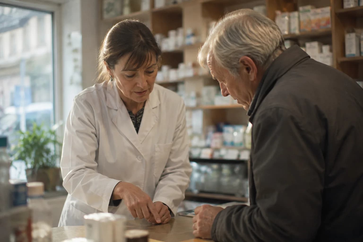 A pharmacist speaking with a customer during a medicine consultation