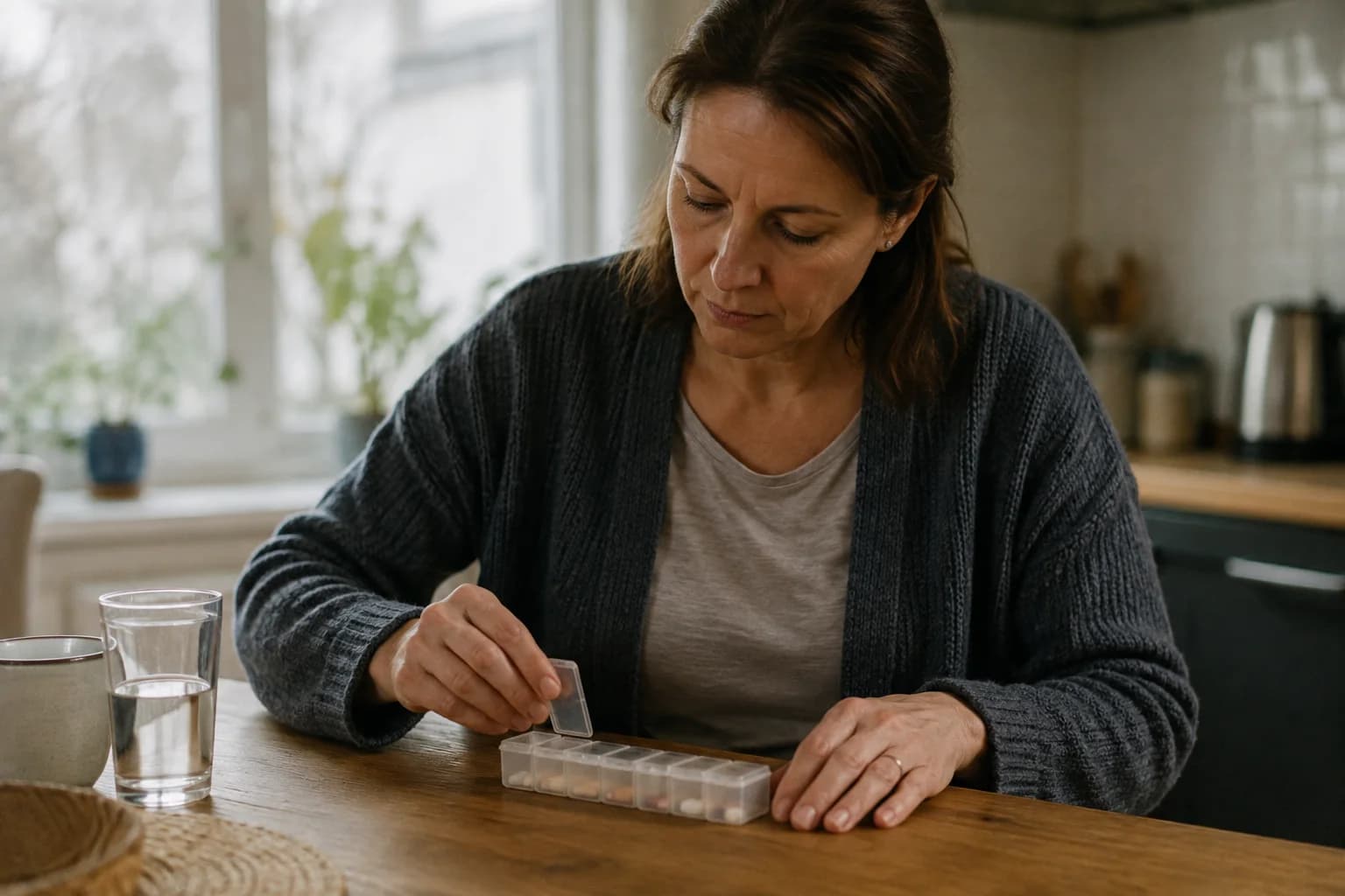 A woman reviewing medicine information at a table
