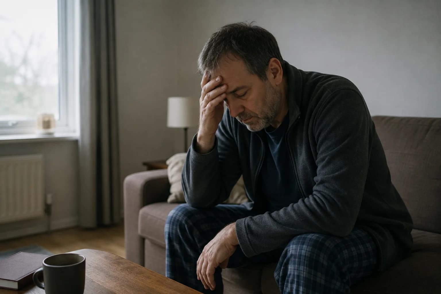 A person sitting on a sofa while experiencing discomfort