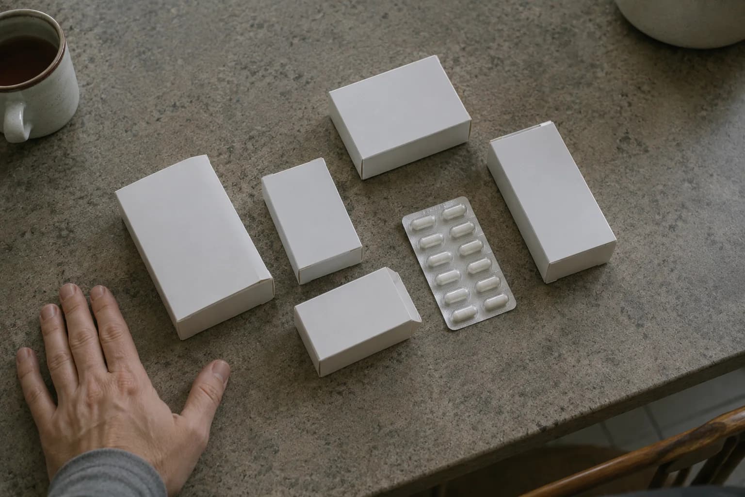 Several medicine packages and blister packs arranged on a table