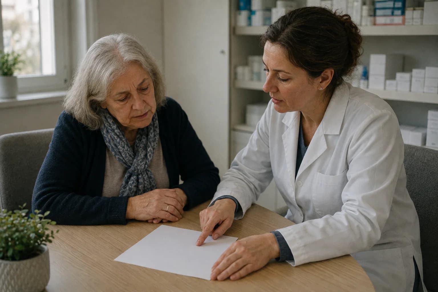 A healthcare professional discussing a treatment plan with an older patient