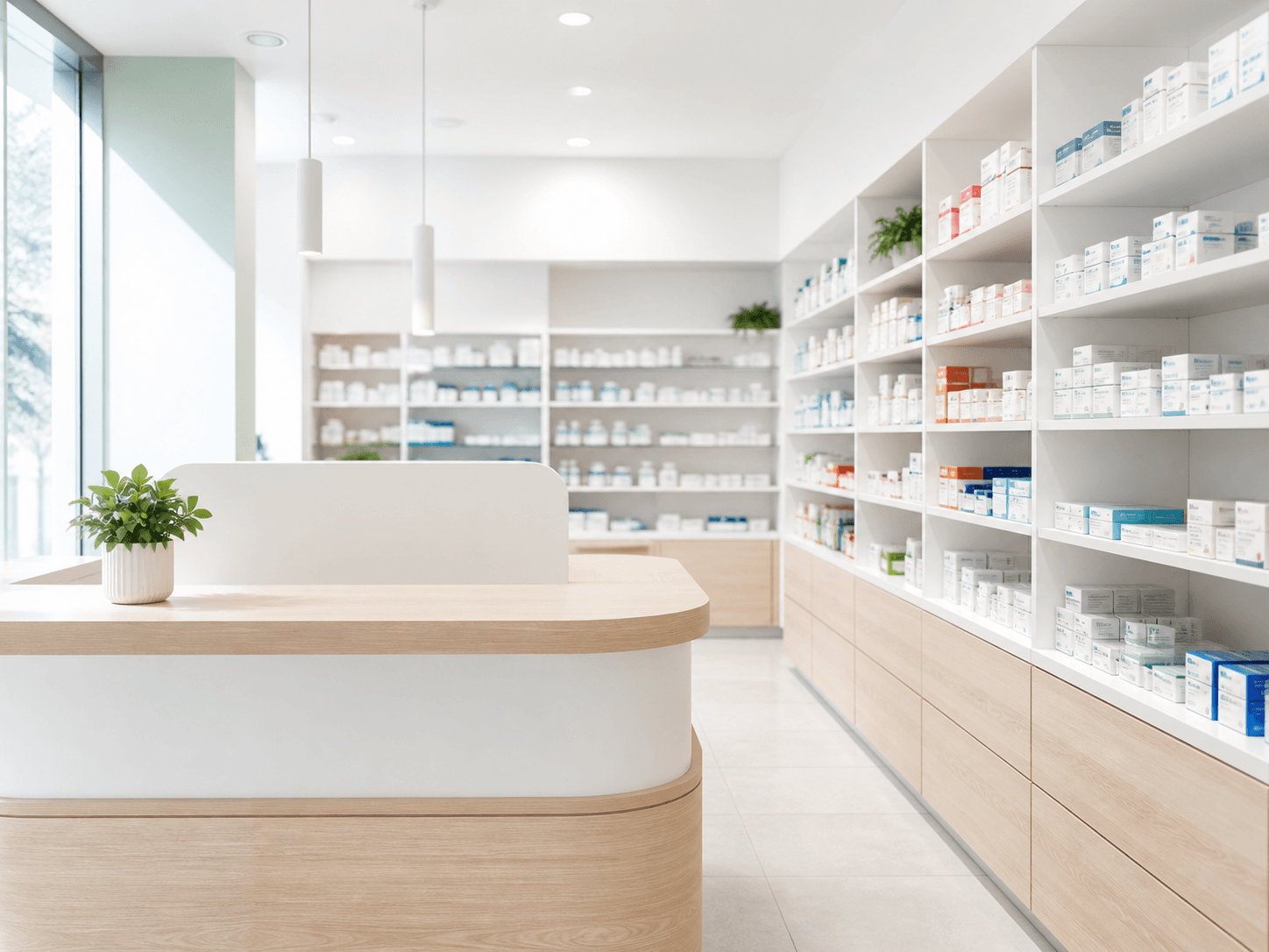 Bright, organised medicine and health product shelves