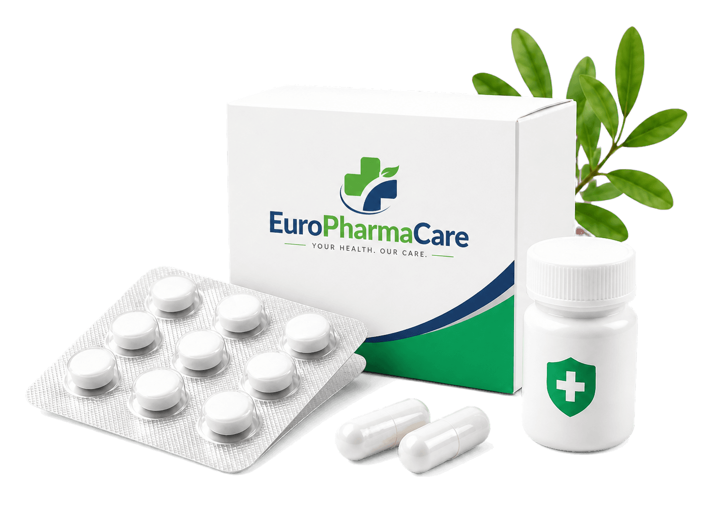 EuroPharmaCare medicine box with blister pack, bottle and capsules