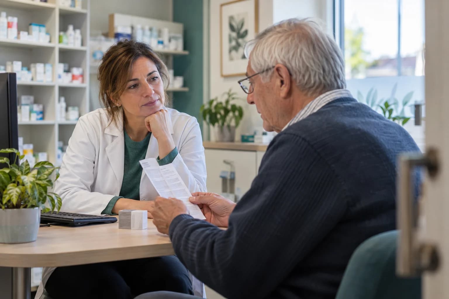 Illustrative pharmacist consultation with an adult discussing medicine information