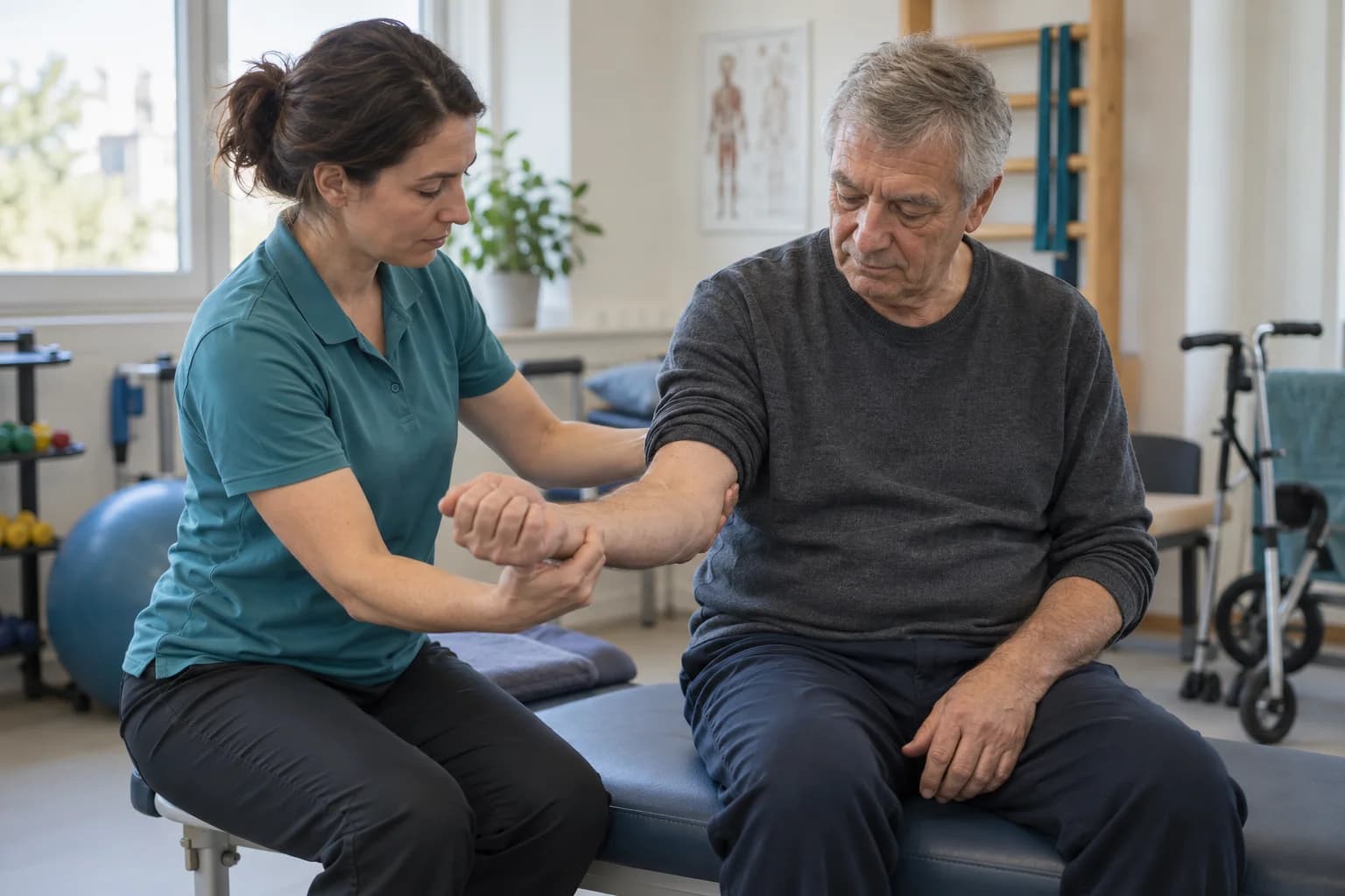 Illustrative physiotherapy session with an adult having forearm mobility assessed