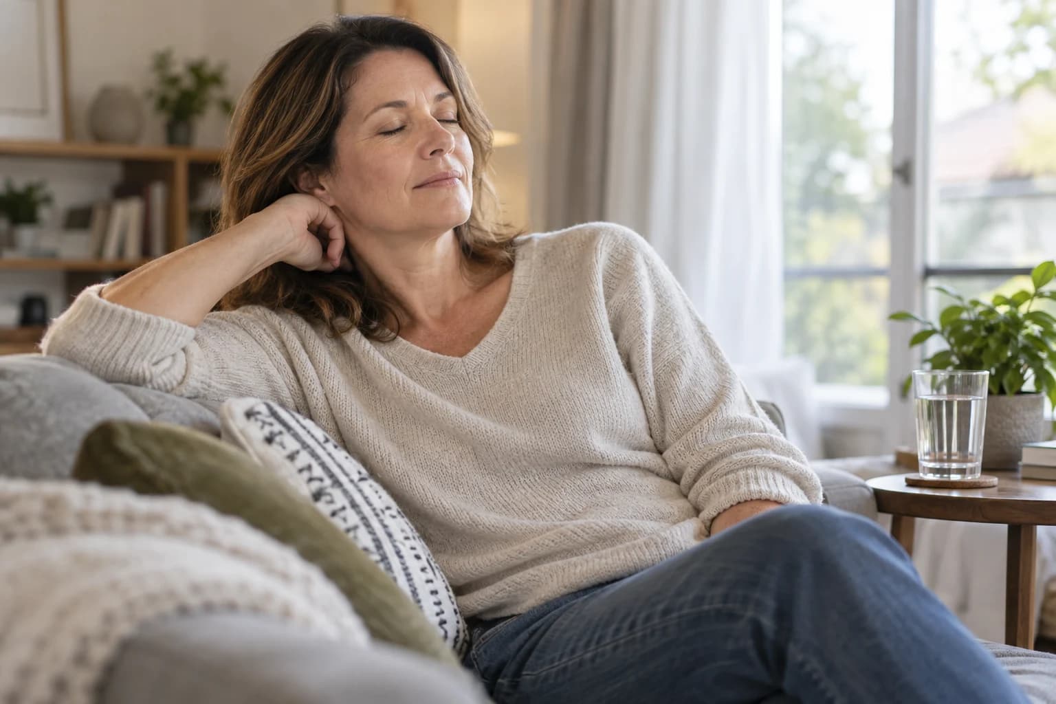 Illustrative scene of an adult resting on a sofa at home