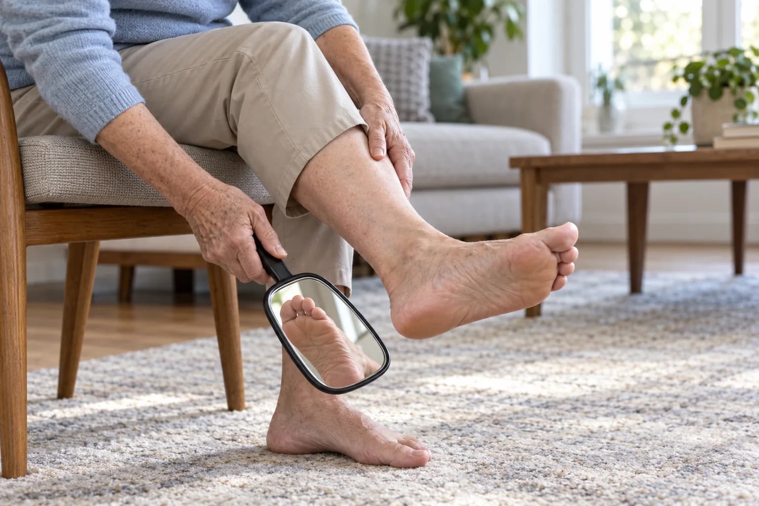 Illustrative daily diabetic foot check: an older adult uses a handheld mirror to inspect the underside of a bare foot at home.