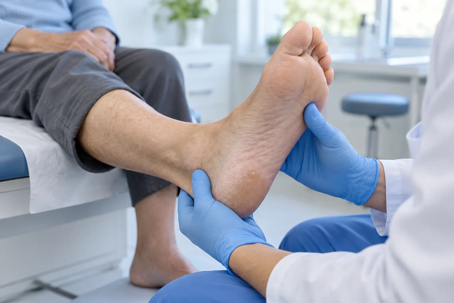 Illustrative diabetic foot assessment: a podiatrist in blue gloves checks the sole and heel of an older adult patient’s foot for skin changes.