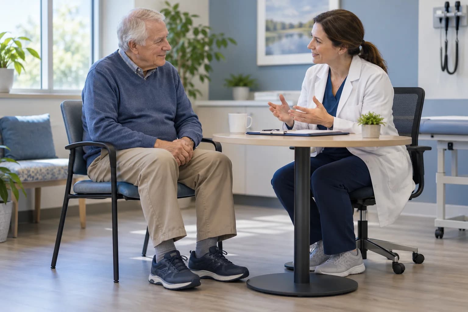 Illustrative diabetic neuropathy consultation: an older adult and a clinician discuss walking comfort and realistic treatment goals.