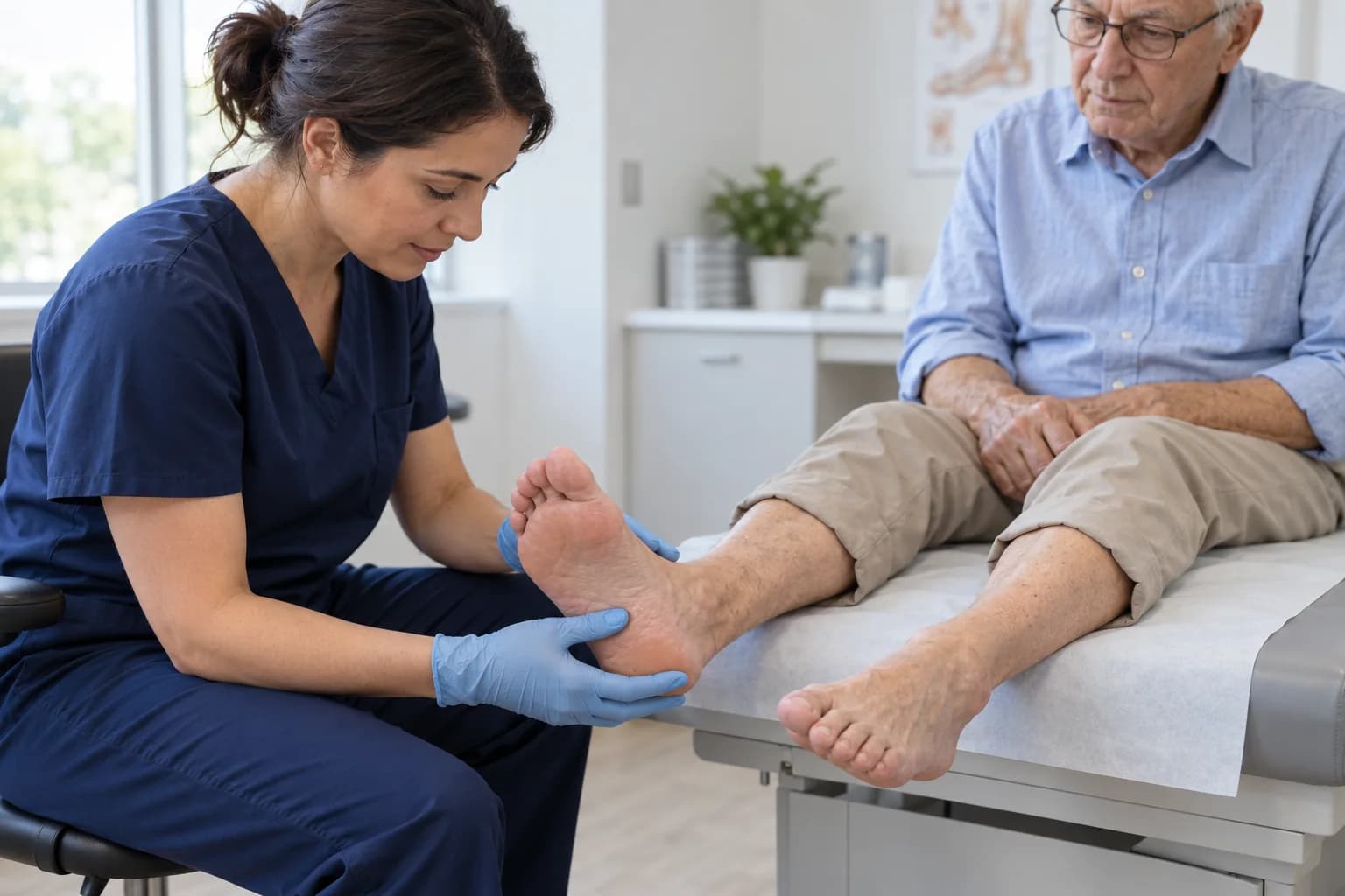 Illustrative diabetic foot examination: a clinician gently examines an older adult patient’s bare foot.