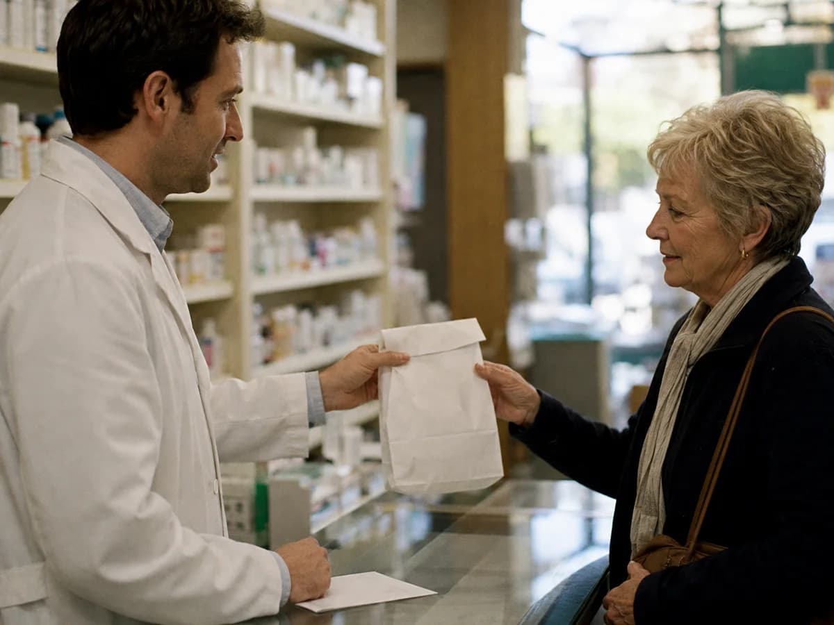Pharmacist handing a plain paper pharmacy bag to a customer across the counter