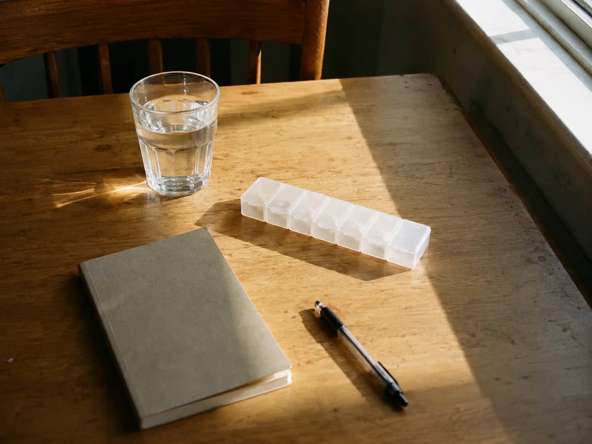 Closed weekly pill organiser beside a notebook, pen and glass of water on a kitchen table