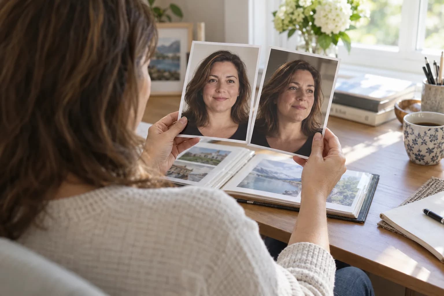 Illustrative portrait-photo comparison: a woman reviews two photographs with different lighting and angles, rather than documented weight-loss results