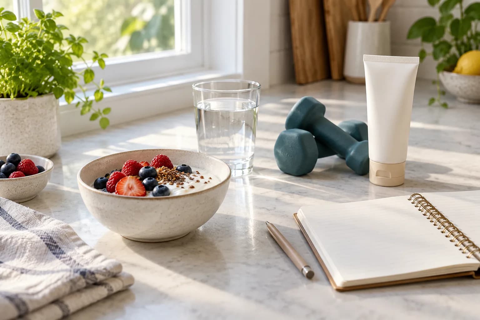 Illustrative daily routine: yoghurt and berries, drinking water, exercise dumbbells and sunscreen on a kitchen counter