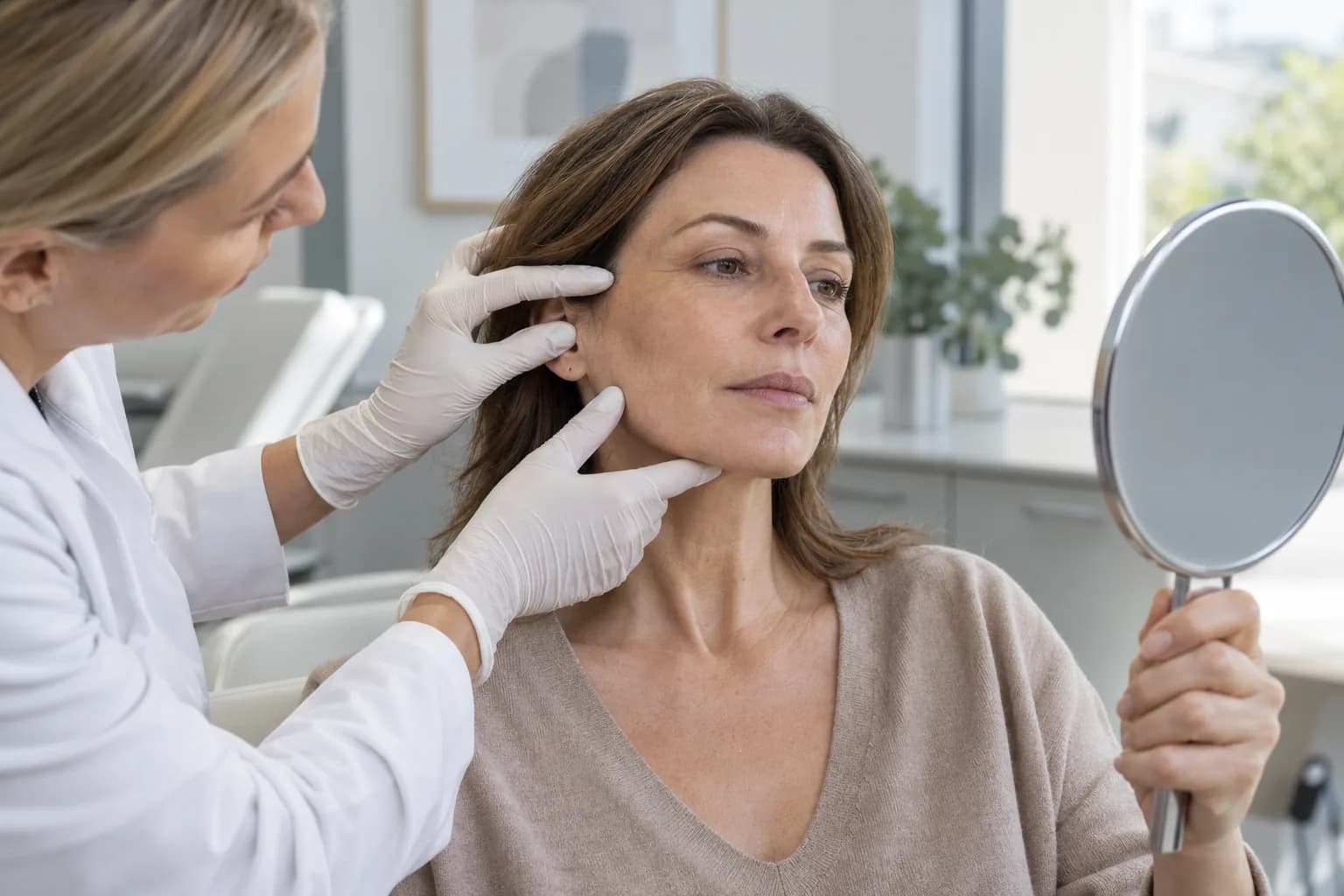 Illustrative dermatology consultation about facial volume loss: a clinician assesses a woman’s cheek and jaw while she holds a mirror