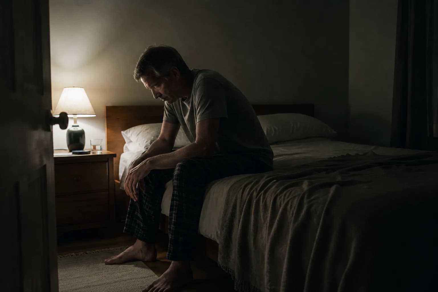 A person experiencing restless legs symptoms in a dark bedroom at night