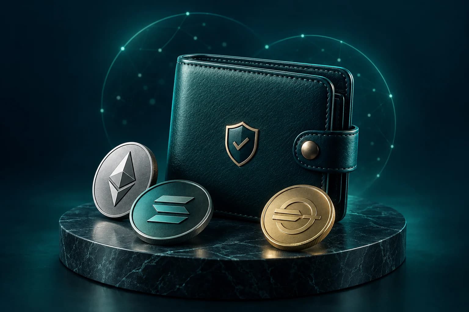Digital cryptocurrency wallet showing Bitcoin, Ethereum and stablecoin payment options